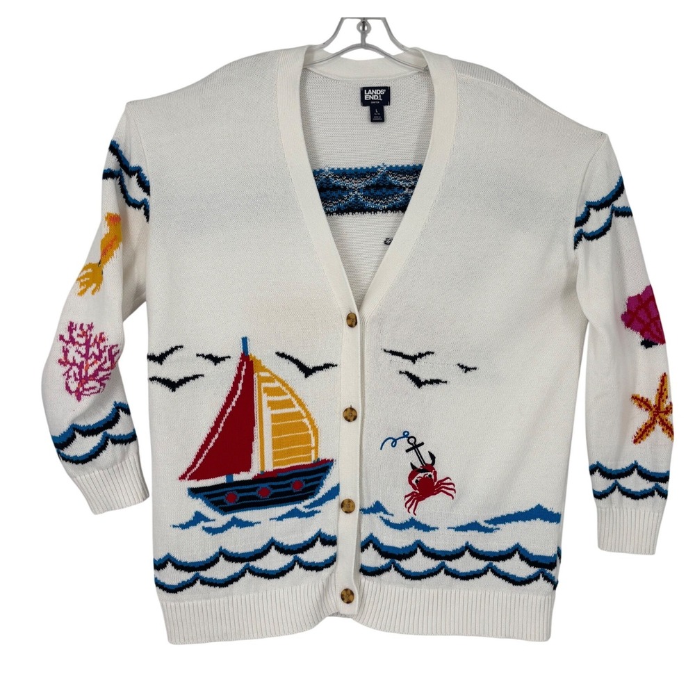 Lands End Cardigan Women L White Excellent Nautical Lighthouse Sailboat Cotton